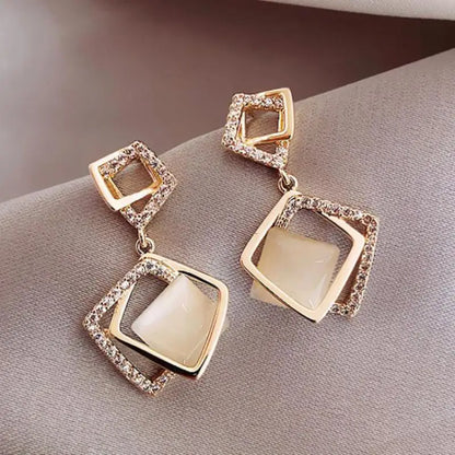 925 Silver Needle Korean Fashion Rhombus Drop Earrings For Women Jewelry 2026 Trending Luxury Crystal Cat's Eye Stone Earrings