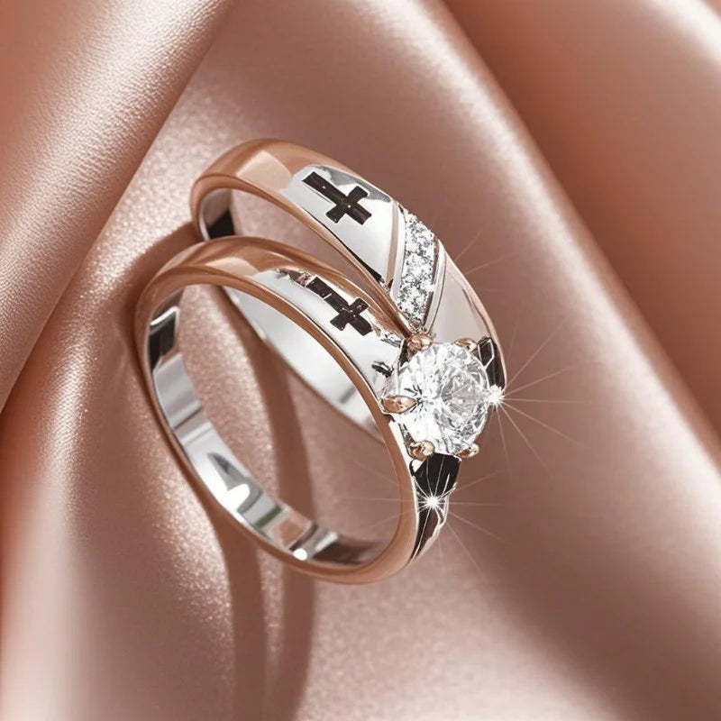 2pcs Luxury Geometric Elegant Cross Couples Ring for Women Wedding Men Engagement Party Jewelry Accessories