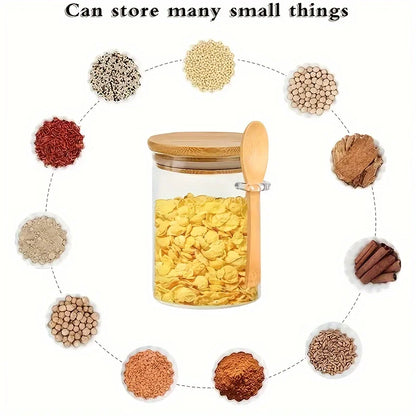 4pcs Set Glass Sealed Jars with Spoons & Bamboo Lids - Leakproof Kitchen Storage for Grains, Tea, Coffee Beans & Spices