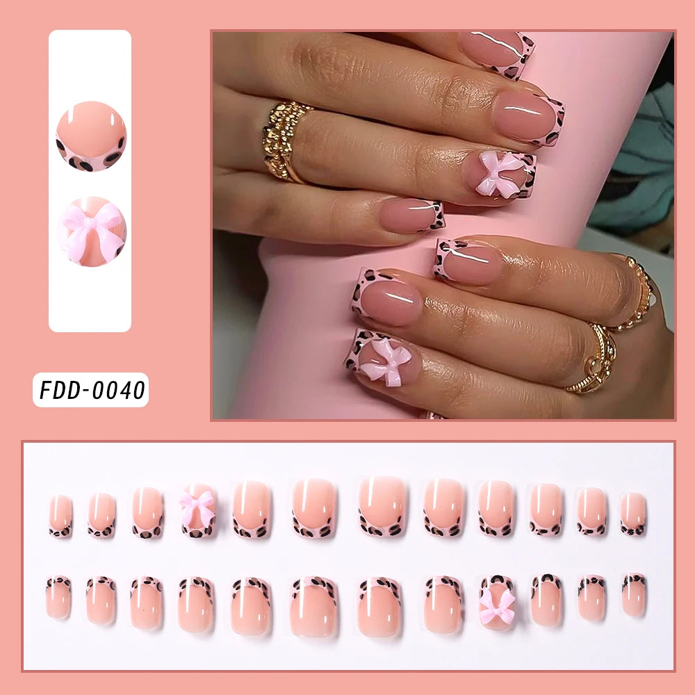 24Pcs White French Square Press on Nails with 3D Bowknot Full Cover Short False Nail Wearable Fake Fingertip for Women&Girls DIY
