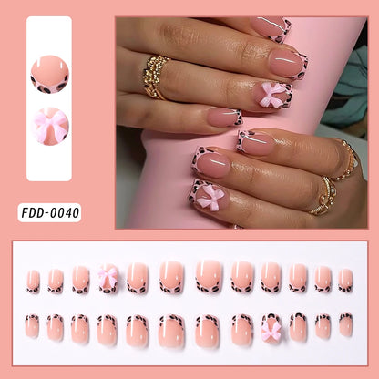 24Pcs White French Square Press on Nails with 3D Bowknot Full Cover Short False Nail Wearable Fake Fingertip for Women&Girls DIY