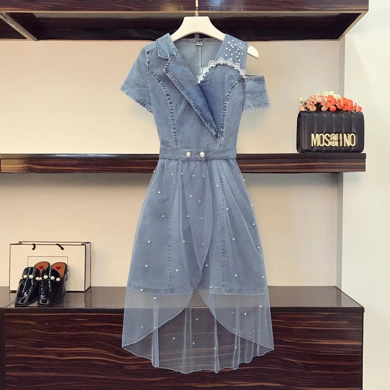 Fashionable Denim Two-Piece Set Women's Shoulder Bared Dress Design Sensation Summer Slimming Goddess Style Skirt Trendy