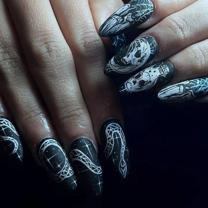 24pcs/set Long Stiletto Fake Nails Punk Snake Pattern Black White Matte False Nails Artificial Full Nail Tips Manicure Tools