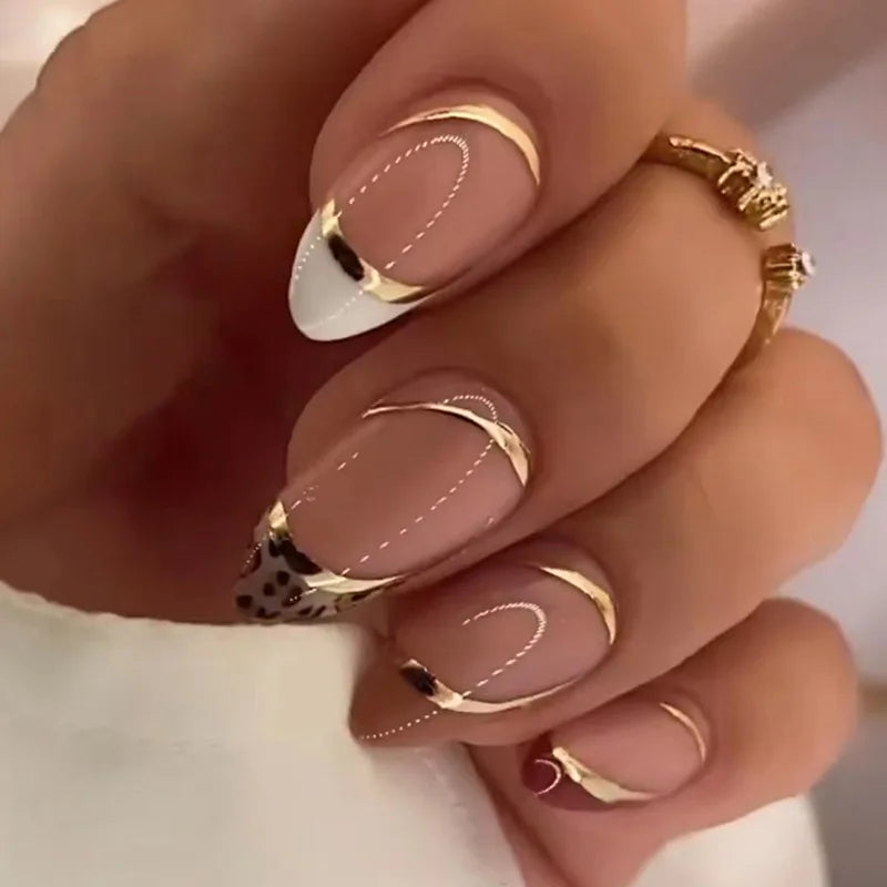 24Pcs Press on Fake Nails Short Medium French Acrylic Full Cover False Nail With Glue Kit Mini File Manicure for Women and Girls