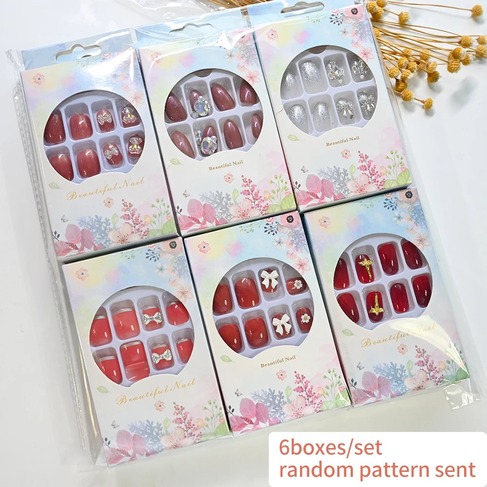 144pcs Random Pink French Fake Nails Set Mixed Short Square Medium Almond Design Press On Nails Glossy Nail Patch for Girl Women