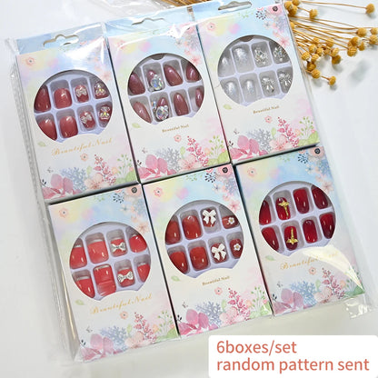 144pcs Random Pink French Fake Nails Set Mixed Short Square Medium Almond Design Press On Nails Glossy Nail Patch for Girl Women