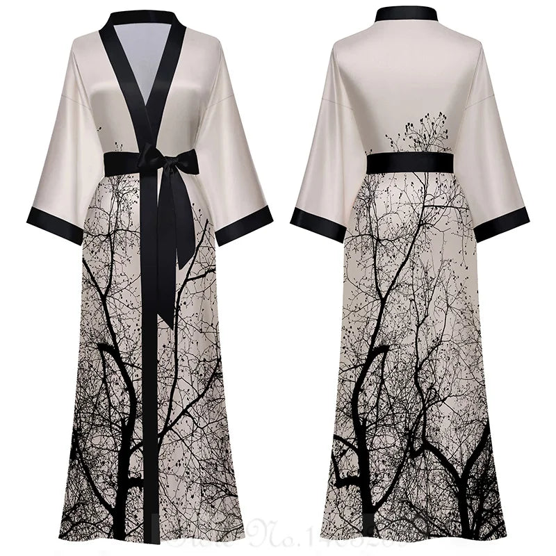 Elegant Print Flower Women Long Robe Loungewear Silky Satin Kimono Bathrobe Gown Spring Autumn New Sleepwear Home Dress Negligee