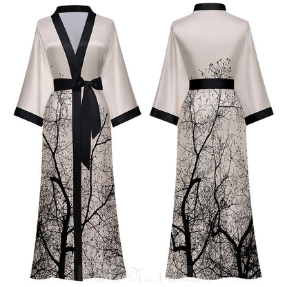 Elegant Print Flower Women Long Robe Loungewear Silky Satin Kimono Bathrobe Gown Spring Autumn New Sleepwear Home Dress Negligee