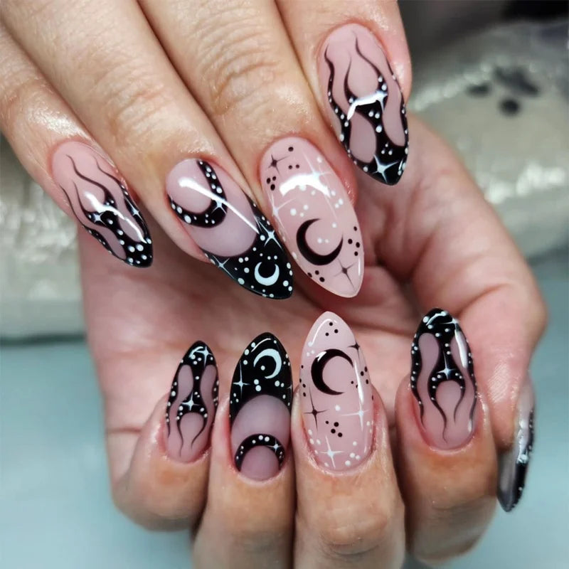 Y2K Star Press on Nails Gradient Black Fake Nails Medium Length Square False Nails Moon Designs for Women Girls Party Daily Use