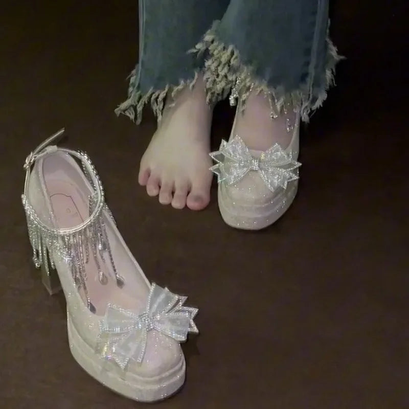 Silver Stunning Block Heels Mary Jane Shoes