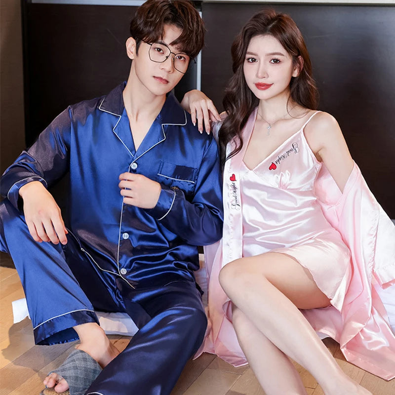 Couple Pajamas Set Women Silk Sexy Nightdress Nightgown Two-Pieces Summer Men's Long-Sleeved Long Pant Home Wear Bridesmaid Robe