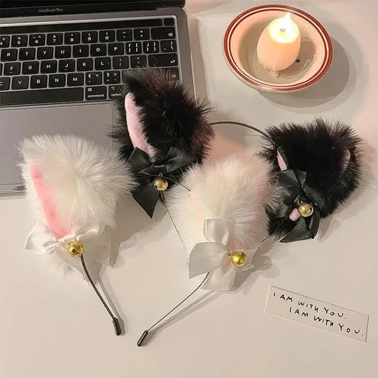 Sexy Cat Ear Bow Headband Necklace Plush Bell Hairband Girl Hairhoop Headwear Costume Accessory for Cosplay Masquerade