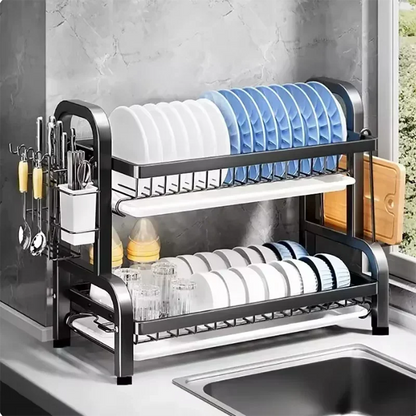 2025 New 2-Tier Stainless Steel Dish Drainer Compact Kitchen Organizer with Utensil Holder Rustproof Countertop Storage