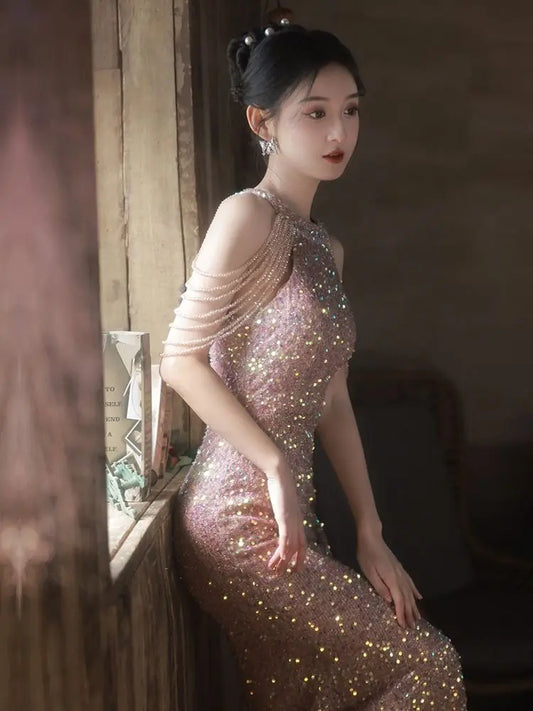 New beige sequined halter luxury sweat lady girl women princess banquet party ball prom dress performance gown