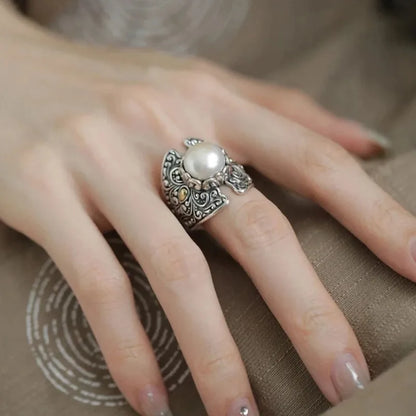Retro silver 925 Ethnic Style Embossed Tang Grass Pattern Shield Pearls rings for women Adjustable Charms Ring banquet Jewelry