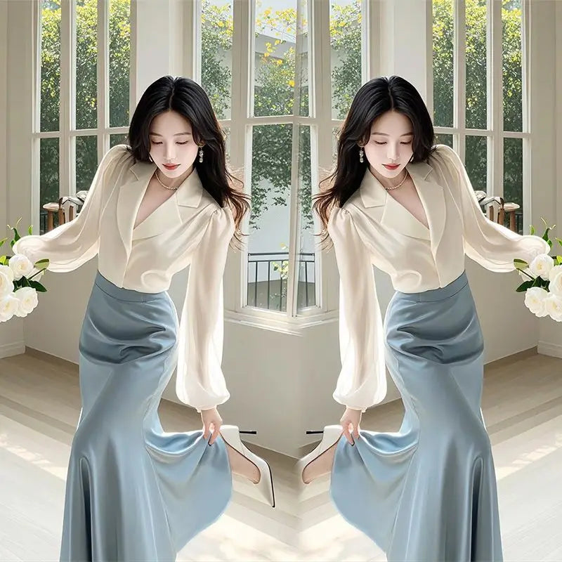 New High End Fashion Two Piece Set Women Elegant Satin Lapel Puff Long Sleeve Shirt + High Waist A-line Skirt Office Lady Suit