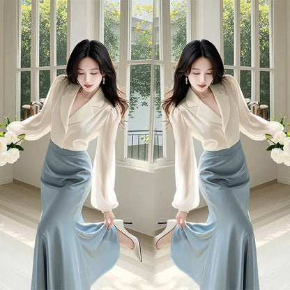 New High End Fashion Two Piece Set Women Elegant Satin Lapel Puff Long Sleeve Shirt + High Waist A-line Skirt Office Lady Suit