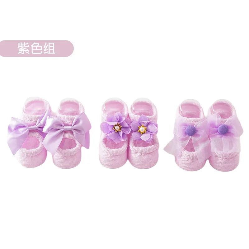 1 Pair Cute Baby Socks Girls Spring Newborn Kids Flower Bowknot Lace Non-slip Children Floor Anti Skid Toddler Slipper