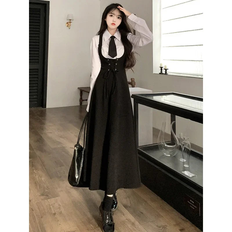 Japanese Style Preppy Fit Waist-Conscious Slimming Crossbody Dress Women's Loose Medium-Length Tank Dress Versatile Korean Versi
