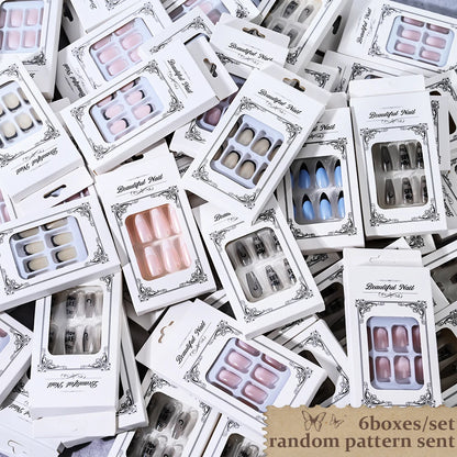 144pcs Random Pink French Fake Nails Set Mixed Short Square Medium Almond Design Press On Nails Glossy Nail Patch for Girl Women
