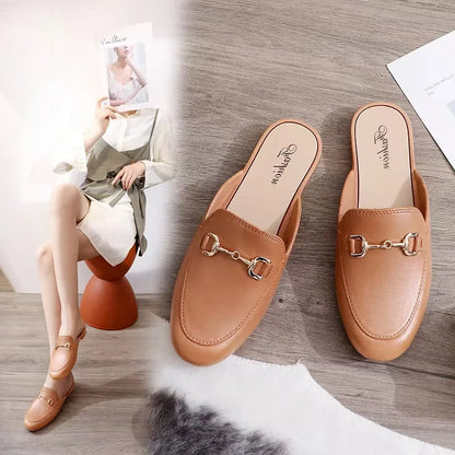 Casual Fashion Ladies Single Shoes Summer Slippers Outdoor Wear Half Slippers Metal Element PVC Material Comfortable Slip-On