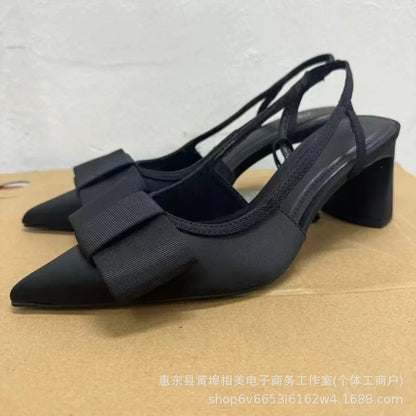 Black Pointed Toe Bow Knot Chunky Heel Women's High Heels Sandals Design Sensation Niche Seasonal New Arrival ZA24