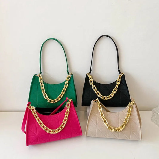 Fashion Women Chain Shoulder Underarm Bags Felt Pu Leather Simple Solid Color Casual Handbags Female Pouch Tote Crossbody Bag