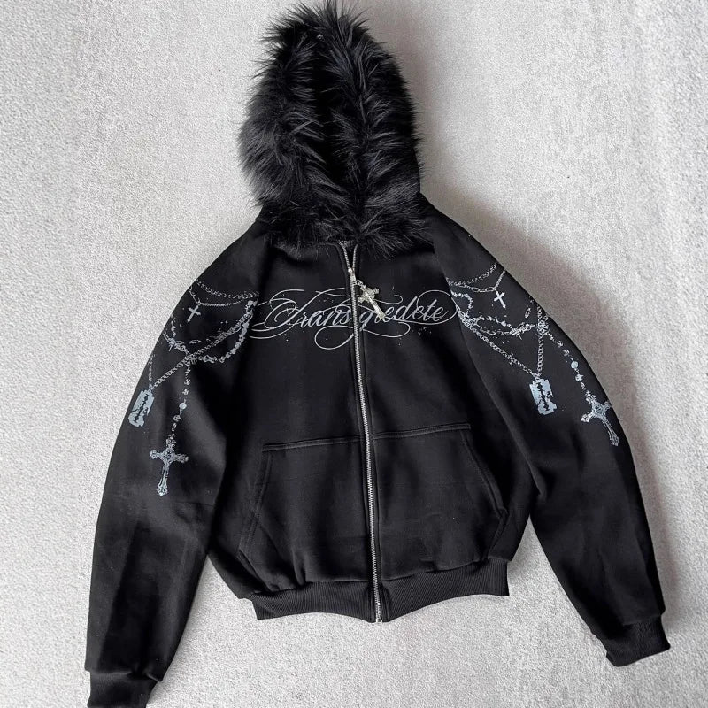 European and American High Street Loose Letter Printed Zipper Hoodie Hoodie