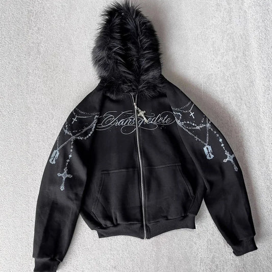 European and American High Street Loose Letter Printed Zipper Hoodie Hoodie