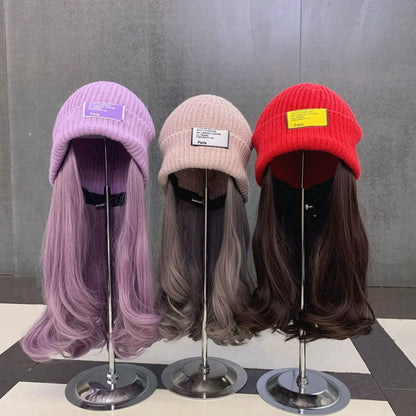 Beanies Hat With Hair Wigs For Women Long  Synthetic Wig Warm Soft Ski Knitted Autumn Winter Cap