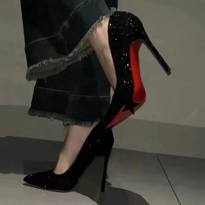 Red Sole High Heels Women's Spring Summer 2025 New Black Thin Heel Sexy Pointed Toe Professional Atmosphere Single Shoes