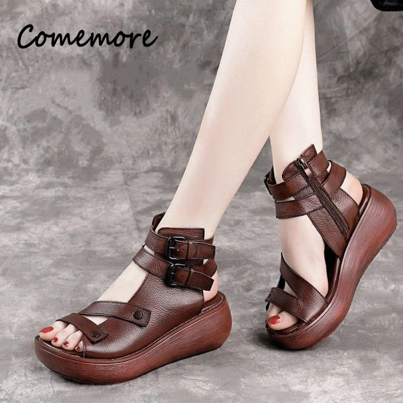Women's Sandals Summer 2024 Mid Heeled Wedges Shoes for Women Retro Leather Gladiator Sandals Platform Rome Sandalias De Mujer