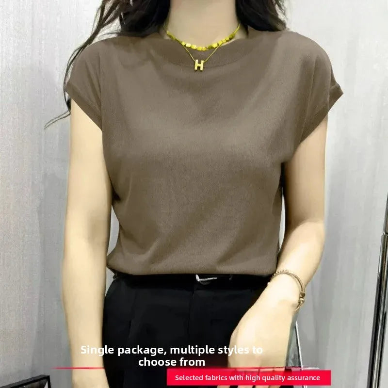 High Elasticity Ice Silk Thread Summer New Loose Women's T-Shirt Short Sleeve Crew Neck Simple Style Pure Color Top