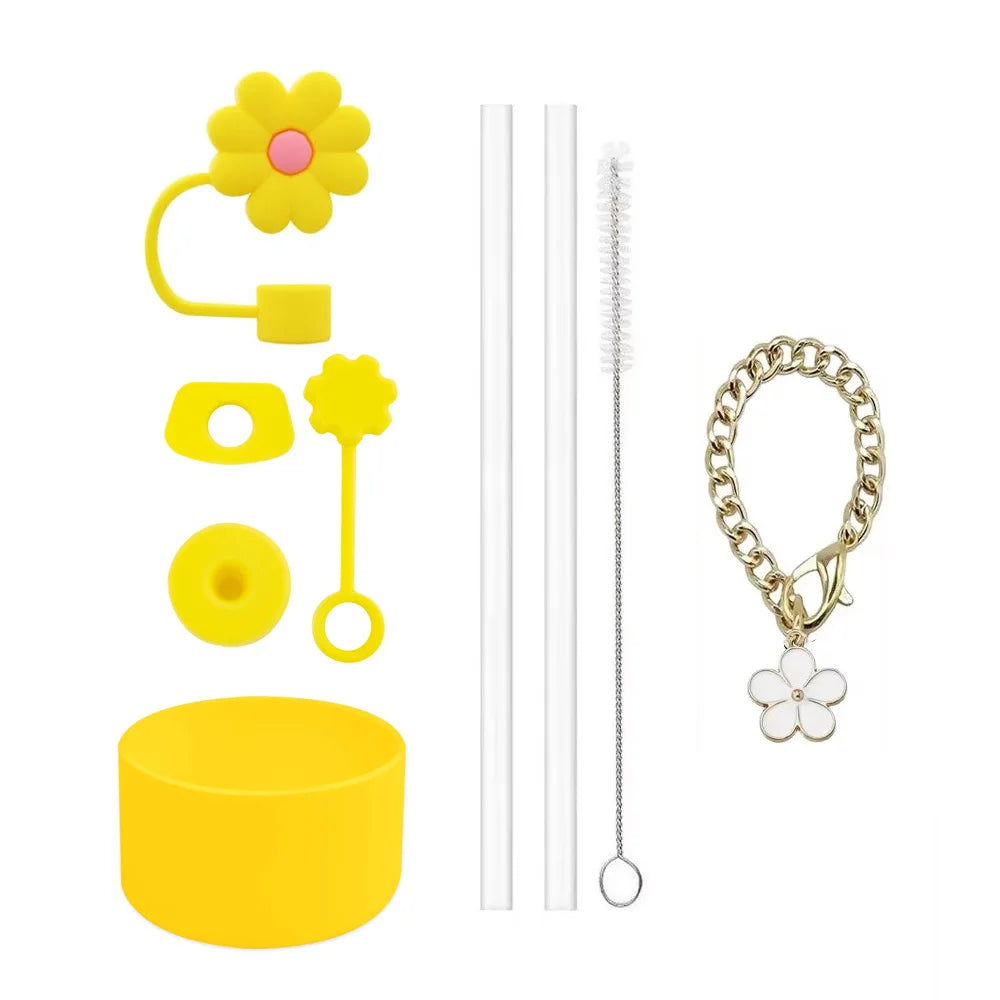 Cup Accessories for Stanley Cup Set of 9 Straw and Brush and 1 Flower Charm Chain 3 Spill Proof Stopper Flowers Straw Cover Boot