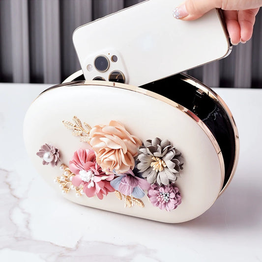 Round White Purses for Woman Flower Luxury Brand Handbag Party Wedding Clutch Female Retro Shoulder Bag for Cell Phone 2025