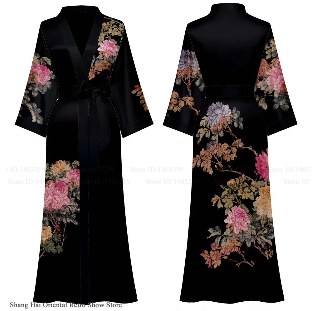 Elegant Print Flower Women Long Robe Loungewear Silky Satin Kimono Bathrobe Gown Spring Autumn New Sleepwear Home Dress Negligee