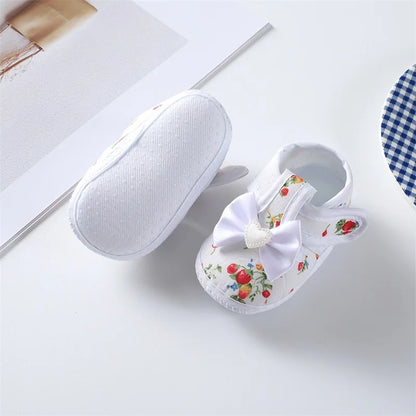 0-18months Baby Girls Flat Shoes Soft Sole Bowknot Flower Print Non-Slip Shoes For Infant Girls Indoor Outdoor First Walkers