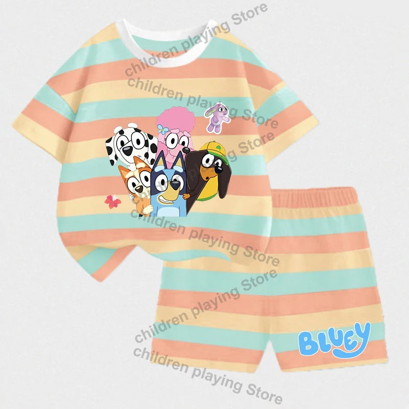 Blueyi Series Child Stripes Sets Summer Girls Boys T-Shirt Shorts Suits Cartoon Bingo Casual Sport Clothes Kids Sleepwear Gifts