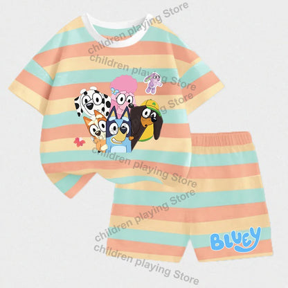Blueyi Series Child Stripes Sets Summer Girls Boys T-Shirt Shorts Suits Cartoon Bingo Casual Sport Clothes Kids Sleepwear Gifts