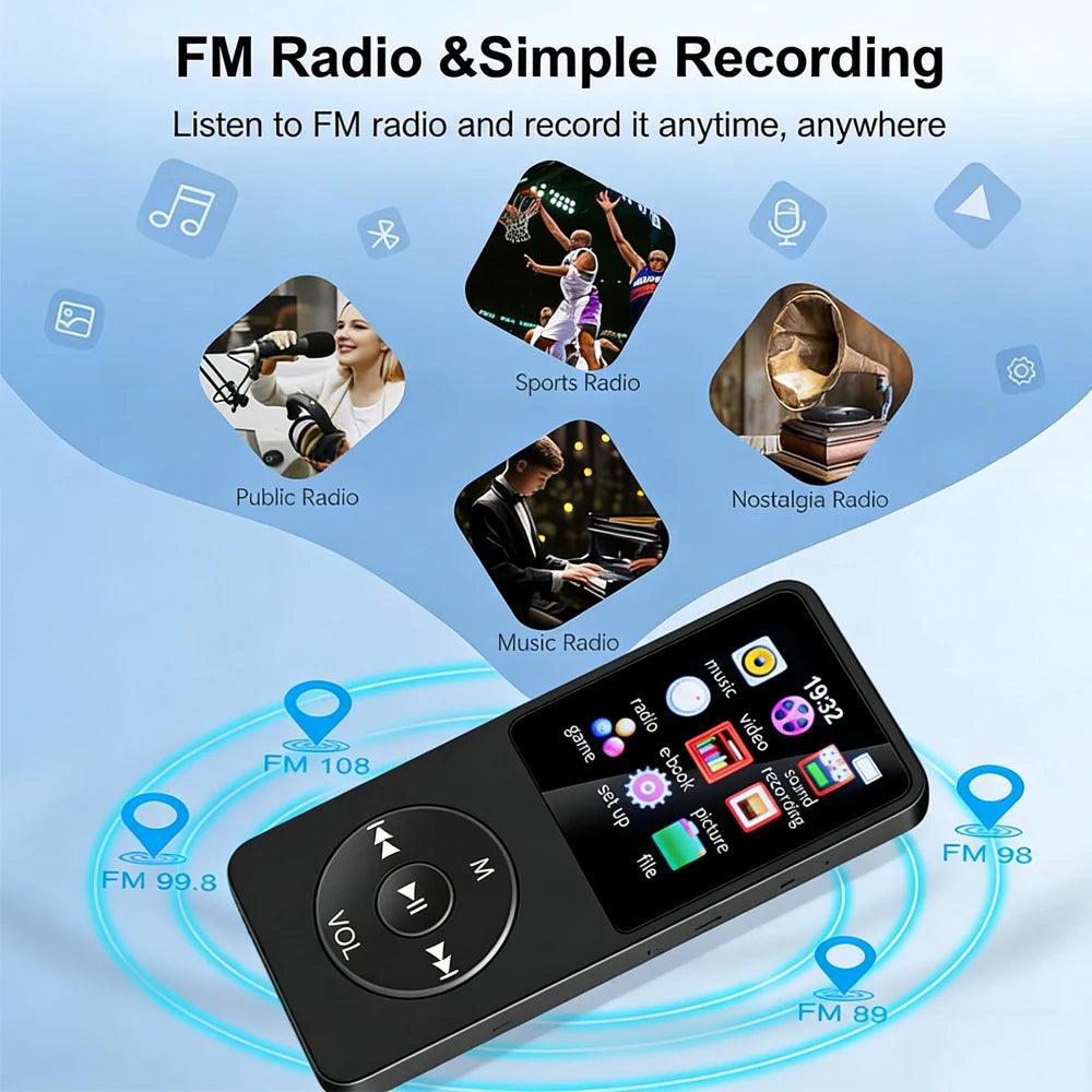 MP3 Player Bluetooth 5.0 Portable Music Player 1.8 inch Built-in Speaker Stereo Music Player Support FM Radio E-Book Recording