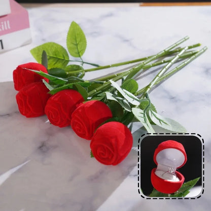 Flocked Artificial Rose Flower Ring Box Red Velvet Jewelry Box Earring Display Holder Wedding Valentine's Day Gift Storage Case