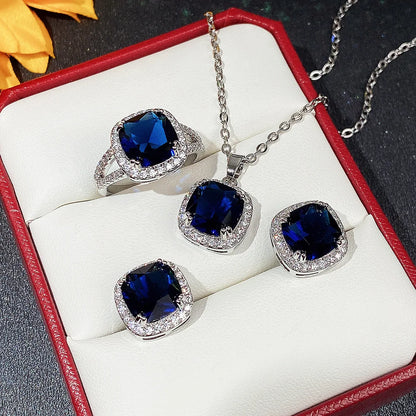 European and American Jewelry Set, Fashionable Square Sapphire Blue Zircon Series, Luxurious and Elegant Jewelry Accessories