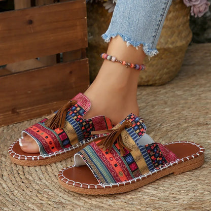 Southeast Asian Bohemian Tassel Flat Bottom Sandals Women's Outdoor Wear Soft Bottom Beach Cool Slippers Fringe Trend