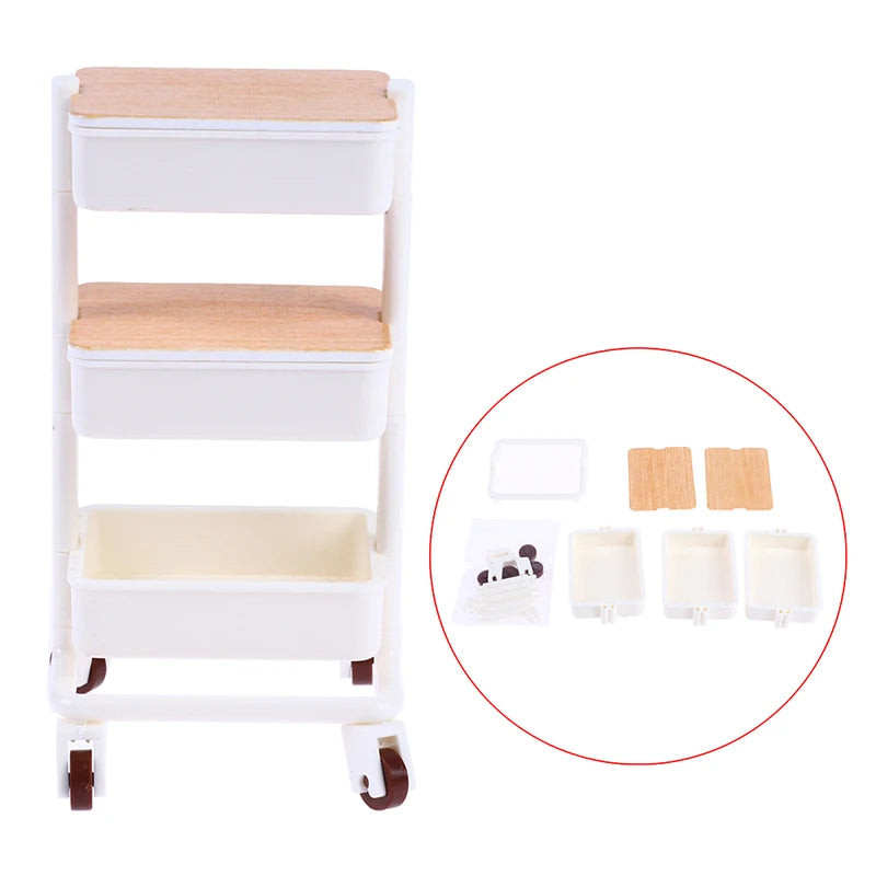Storage Display Shelf Bookshelf Furniture Model Decor Toy 1Set 1:12  Dollhouse Miniature Trolley Dining Cart with Wheels