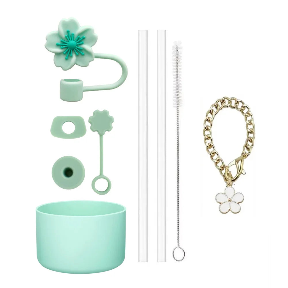 Cup Accessories for Stanley Cup Set of 9 Straw and Brush and 1 Flower Charm Chain 3 Spill Proof Stopper Flowers Straw Cover Boot