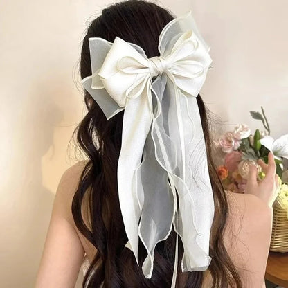 Women Elegant Lace Bow Ribbon Hair Clips Solid Color Satin Заколка Бант Girls Korean Hairpins Party Headdress Hair Accessories
