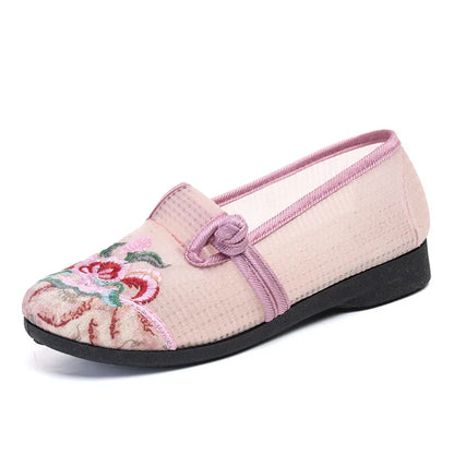 Embroidered Flat Bottom Women's Slip-On Summer Shoes Soft Bottom Mesh Breathable Retro Beijing Cloth Shoes for Middle-Aged And E