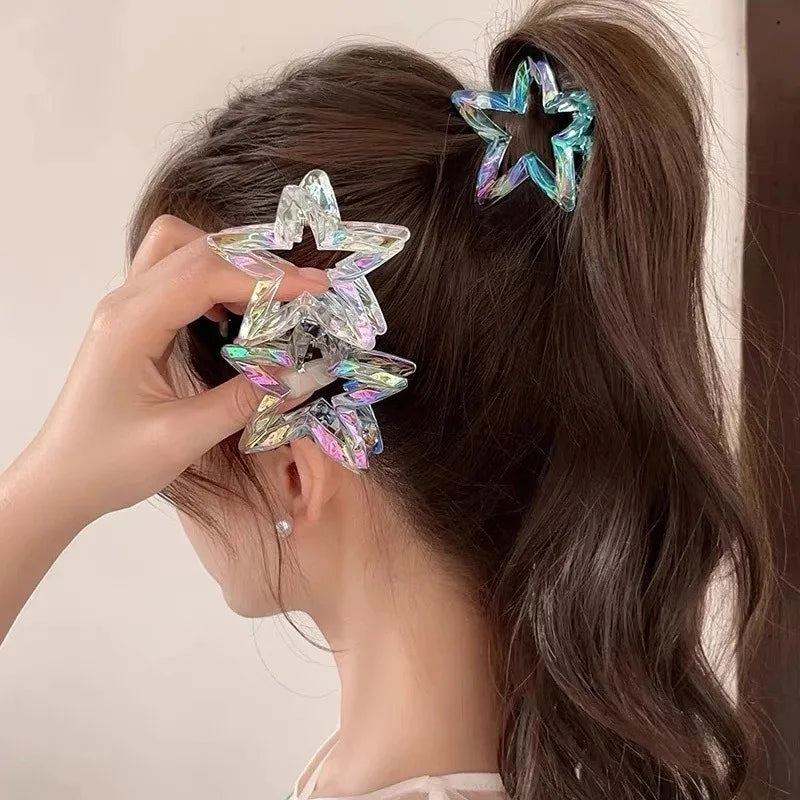 Colorful Hollow Five-Pointed Star Shark Clip Simple Transparent Hairpin Sweet Temperament Girls Hairpin Hair Accessories