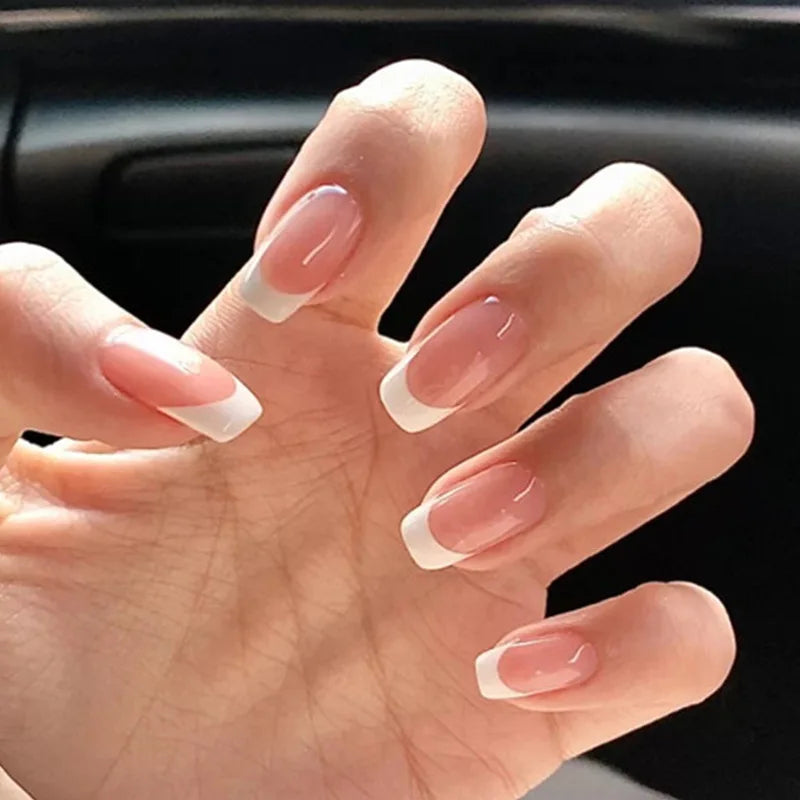 24Pcs Press on Fake Nails Short Medium French Acrylic Full Cover False Nail With Glue Kit Mini File Manicure for Women and Girls