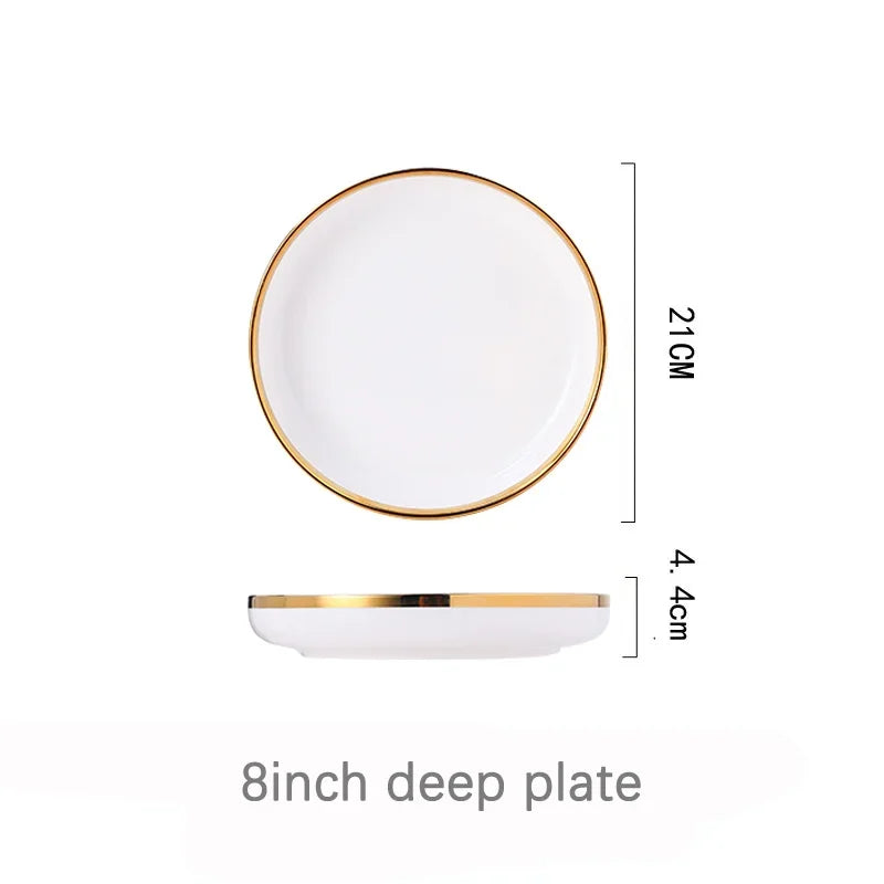 Ceramic Plates Bowls Gilt Rim White Porcelain Dinner Tray Kitchen Plates Ceramic Tableware Food Dishes Rice Salad Noodles Bowl